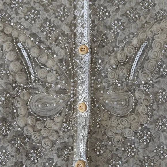 NEW POL Cream and Silver Butterfly Lace Pearled Ruffled Boho Sequin Crop Top - Picture 4 of 7